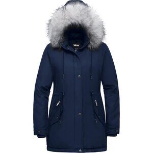 Women's Winter Navy Faux Fur Hood Jacket Coat Zip Up Flap Pockets Designed